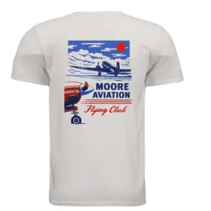 Moore Aviation Flying Club Tee in white, back view with retro airplane graphic