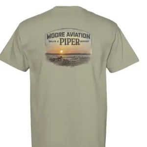 Moore Aviation Piper Sunset Tee in sand, back view with sunset airfield scene